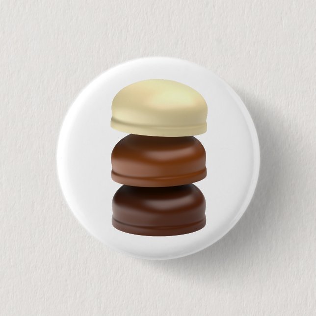Three chocolate coated marshmallows 3 cm round badge (Front)