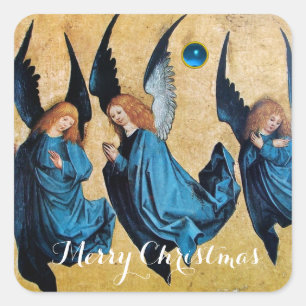 THREE CHRISMAS ANGELS IN BLUE  SQUARE STICKER