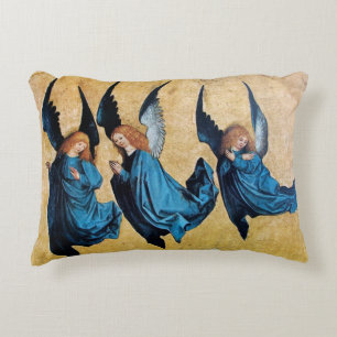 THREE CHRISTMAS ANGELS IN BLUE DECORATIVE CUSHION