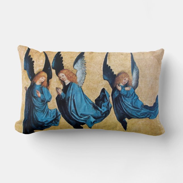 THREE CHRISTMAS ANGELS IN BLUE LUMBAR CUSHION (Front)