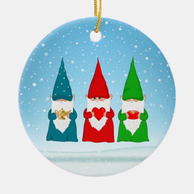 Three Christmas Gnomes Ceramic Tree Decoration (Front)