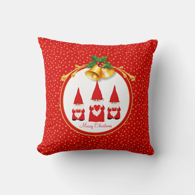 Three Christmas Gnomes & Golden Confetti on Red Cushion (Front)