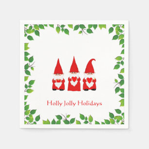 Three Christmas Gnomes & Leaf Frame on White  Napkin