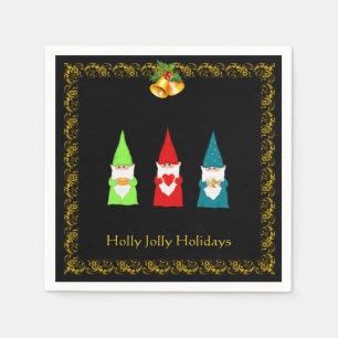 Three Christmas Gnomes on Black Napkin