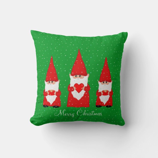 Three Christmas Gnomes on Green Cushion (Front)