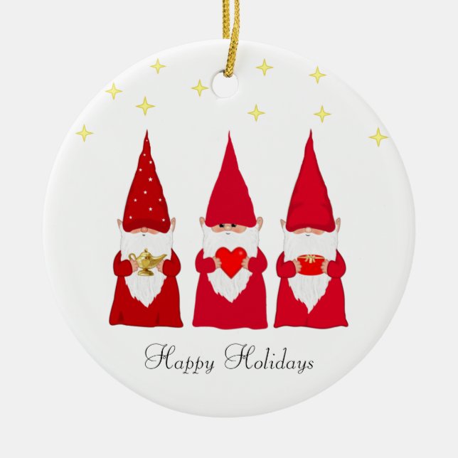 Three Christmas Gnomes & Stars Ceramic Tree Decoration (Front)