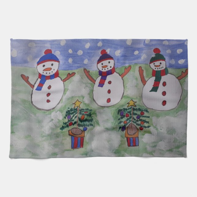 Three Christmas Snowmen Tea Towel (Horizontal)