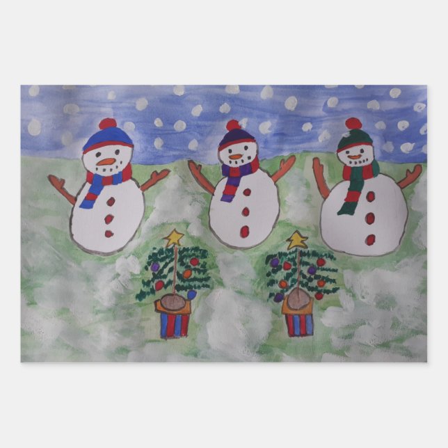 Three Christmas Snowmen Wrapping Paper Sheet (Front)