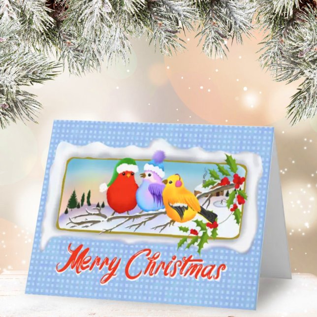 Three Christmas Songbirds On Holly Branch Holiday Card (Creator Uploaded)