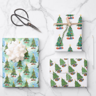 Three Christmas Trees and Gifts Patterns Wrapping Paper Sheet