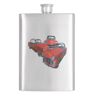 Three Classy Red And White Vintage Cars, Hip Flask