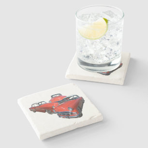 Three Classy Red And White Vintage Cars, Stone Coaster