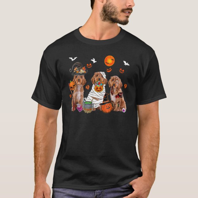 Three Cockapoo Dogs Witch Scary Mummy Halloween T-Shirt (Front)