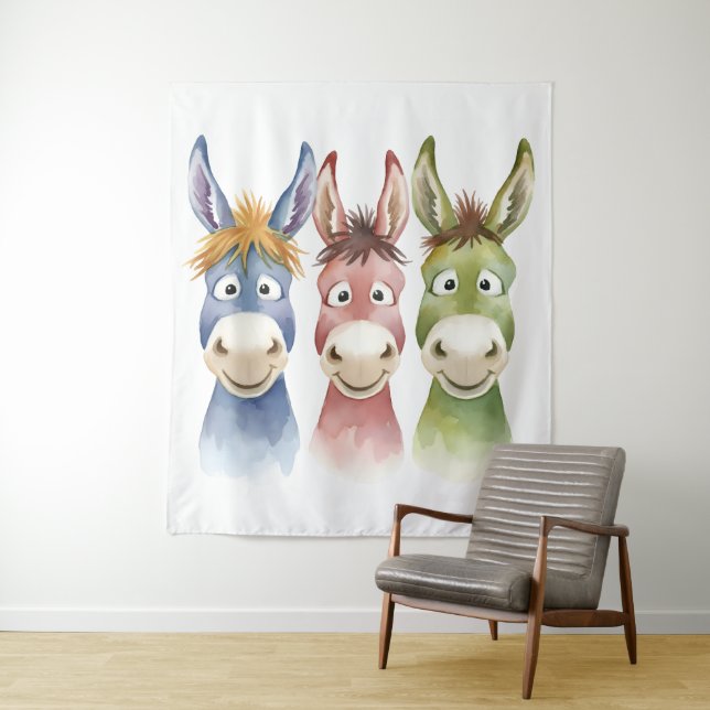 Three Colorful Cartoon Donkeys in Watercolor Style Tapestry (In Situ)