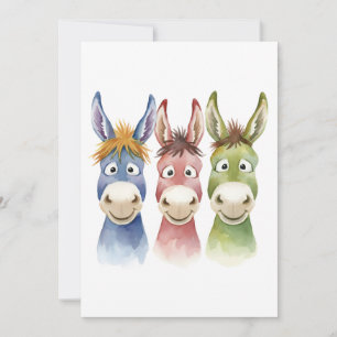 Three Colourful Cartoon Donkeys in Watercolor Styl Invitation