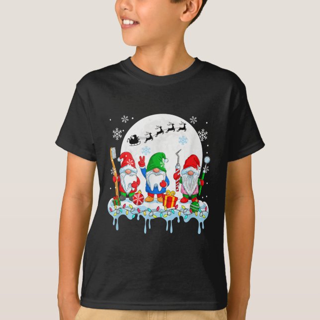 Three Colourful Gnomes With Dentist Tools Christma T-Shirt (Front)