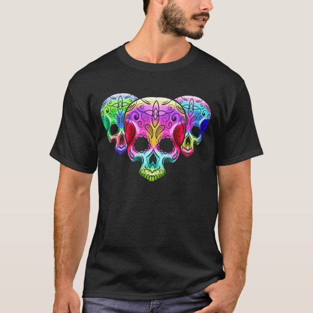 Three Colourful Gradient Sugar Skull Day Of The De T-Shirt (Front)