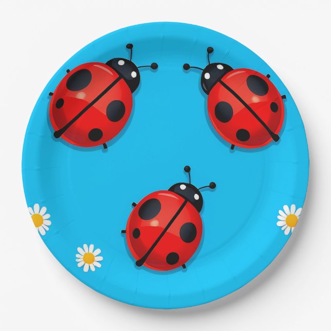 Three Colourful Ladybugs on Blue Background Paper Plate (Front)