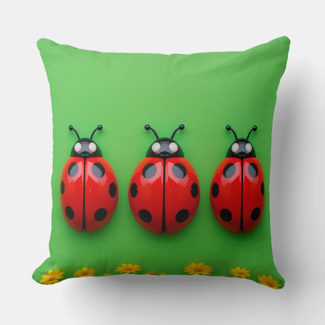 Three Colourful Ladybugs on Green Background Cushion (Front)