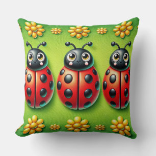 Three Colourful Ladybugs on Green Background Cushion