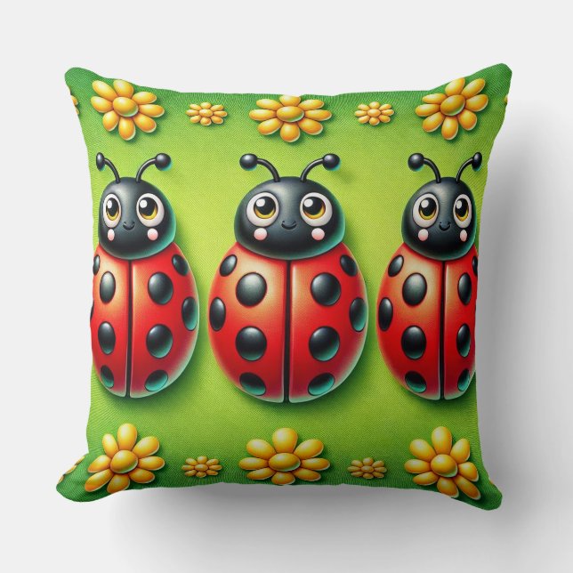 Three Colourful Ladybugs on Green Background Cushion (Front)
