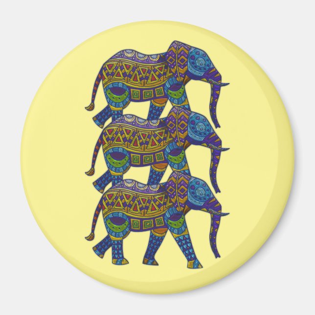Three Colourful Mosaic Elephants Magnet (Front)