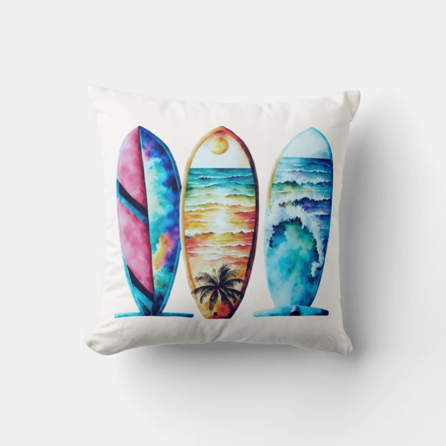 Three Colourful Watercolor Surfboards Cushion (Front)