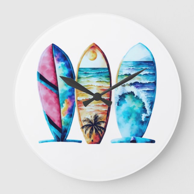 Three Colourful Watercolor Surfboards Large Clock (Front)