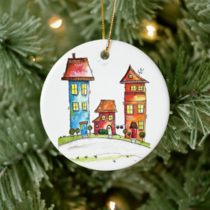Three Colourful Whimsical Houses  Ceramic Tree Decoration
