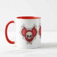 Three Connected Gothic Red Hearts Skull and Bones
