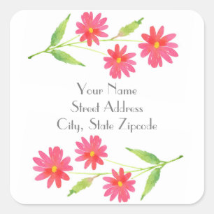 Three Coral Pink Watercolor Daisy Labels