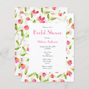 Three Coral Pink Watercolor Flower Stems Pattern  Invitation