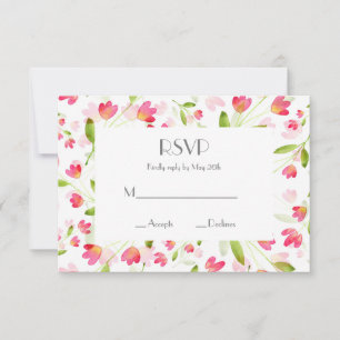 Three Coral Pink Watercolor Flower Stems Pattern RSVP Card