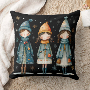 Three Cosy Girls in Snow Throw Pillow