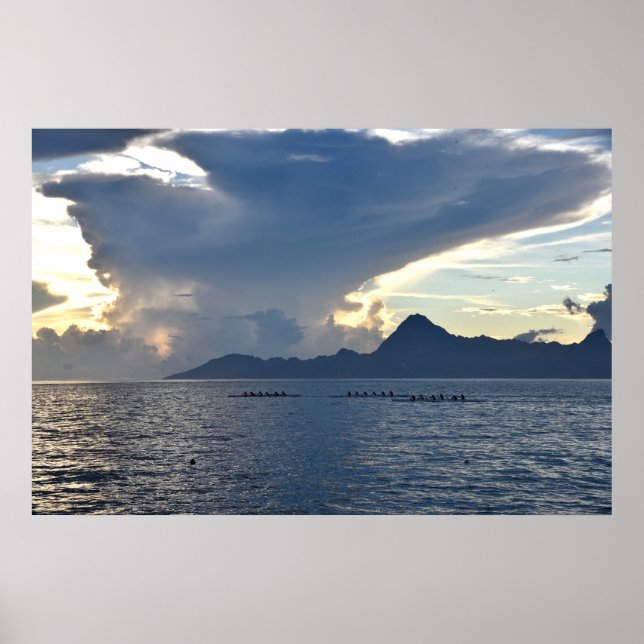 Three Crew Boats Rowing In Front Of Mo'orea Island Poster (Front)