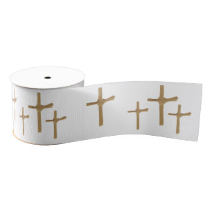Three Crosses of Calvary in Golden Palm Leaves Art Grosgrain Ribbon
