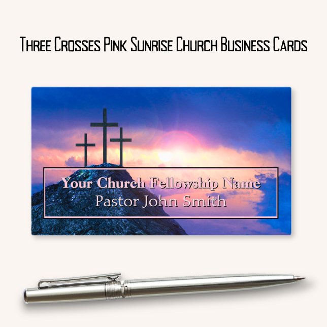 Three Crosses Pink Sunrise Church Business Card (Three Crosses Pink Sunrise Church Business Cards)