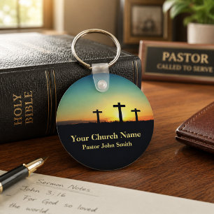 Three Crosses Sunset Sky Church Key Ring