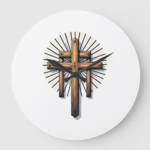 Three Crosses Vintage Engraving Faith Tee (1) Large Clock