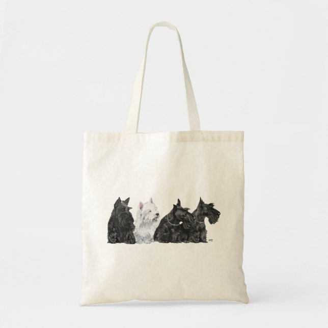 Three Curious Scotties and a Westie Tote Bag (Front)