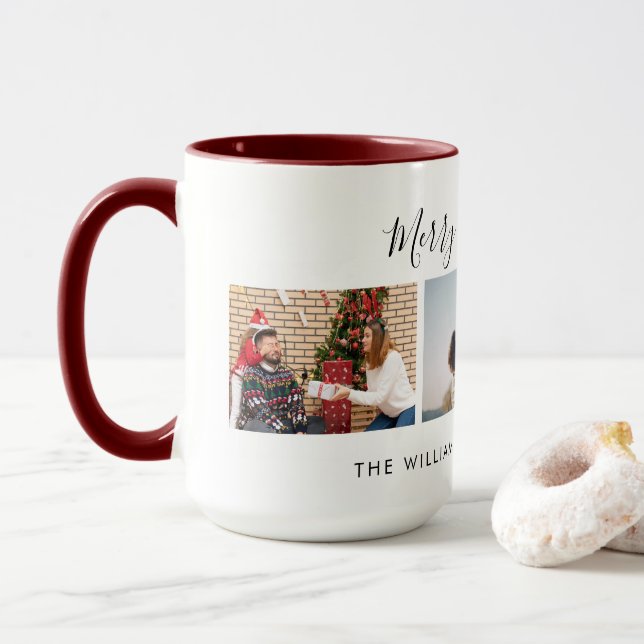 Three Custom Photo Collage & Text Merry Christmas Mug (With Donut)