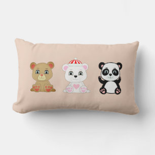 Three cute bear cartoons on beige lumbar cushion