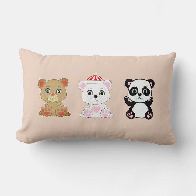 Three cute bear cartoons on beige lumbar cushion (Front)