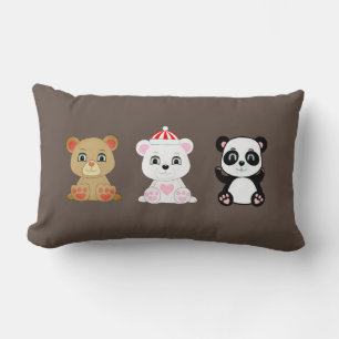 Three cute bear cartoons on coffee brown lumbar cushion