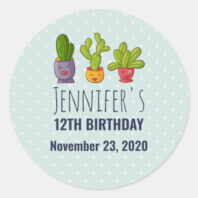 Three Cute Cactus in Flower Pots Fun Birthday Classic Round Sticker (Front)