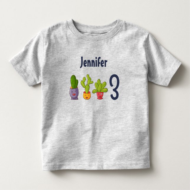 Three Cute Cactus in Flower Pots Fun Birthday Toddler T-Shirt (Front)