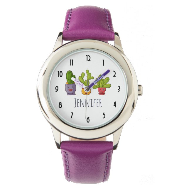 Three Cute Cactus in Flower Pots Fun Illustration Watch (Front)