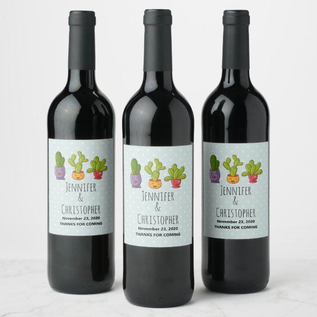 Three Cute Cactus in Flower Pots Fun Wedding Wine Label (Bottles)