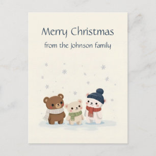 Three Cute Cartoon Bears in Snow Postcard