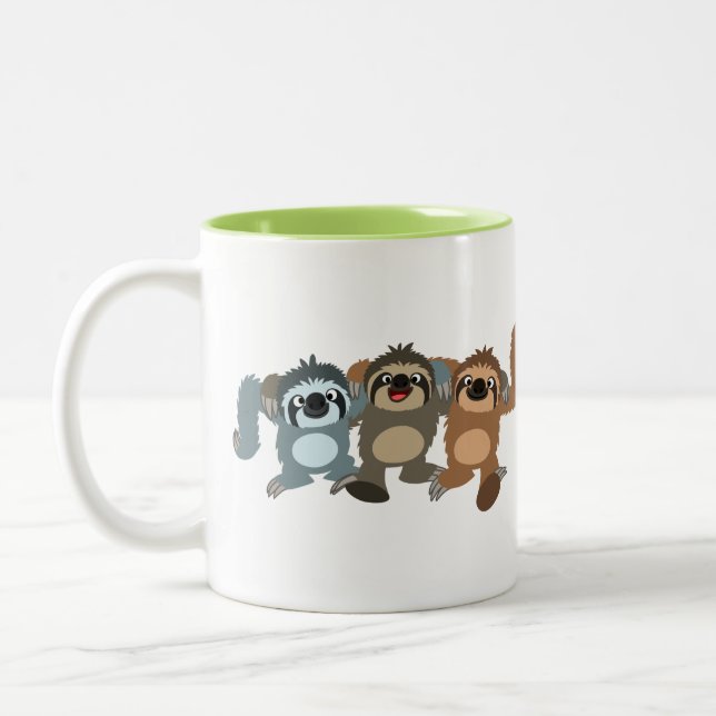 Three Cute Cartoon Sloths Two-Tone Coffee Mug (Left)